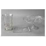 Clear Glass Vase, Tray, and Cake Stand