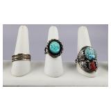 2 Silver Turquoise Coral Rings, 1 Feather Band