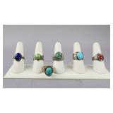 Six Sterling Silver Cabochon Gemstone Rings