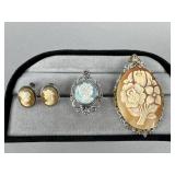 Silver Cameo Pendant & Ring, .800 Cameo Earrings