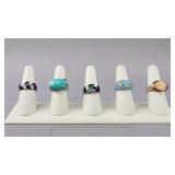 Five Silver Cabochon Inlaid Gemstone Rings