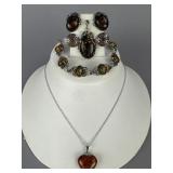 Silver Resin Amber Bracelet, Earrings, Pendants