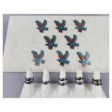 Turquoise Coral Inlayed Eagle Charms, Rings Bands