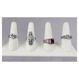 Four Silver Amethyst CZ Tanzanite Ladies Rings