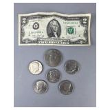 Two Dollar Bill, Half Dollars, One Dollar Coin