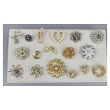 Gold Silver Tone Faux Pearl Rhinestone Pin