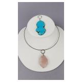 Silver Choker Rose Quartz,Turquoise Sliver Charms