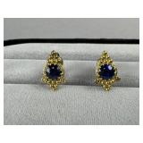 14K Sterling Silver Clip Blue Rhinestone Earrings