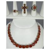 Silver Baltic Amber, Carnelian, Garnet, Marcasite