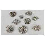 9 Rhinestone Brooches or Pins, Some Signed
