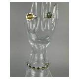 Silver Yellow Green Cat's Eye Rings & Bracelet