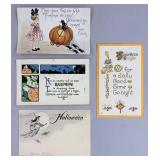 4 Antique Halloween Postcards Goblin, Witch, Bats