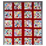 1960s or 1970s Patchwork Quilt with Red Sashing