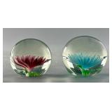 2 Spherical Chrysanthemum Art Glass Paperweights