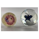 2 Art Glass Paperweights with Butterflies