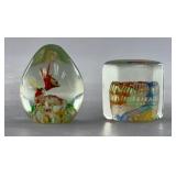 2 Art Glass Paperweights: Cylindrical & Egg Shaped