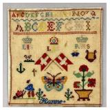 Antique Embroidered Sampler w/ Crossed Swiss Flags
