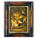 Oil Painting of Barn Scene w/ Roosters & Chickens