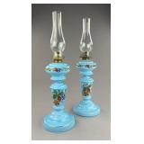 Pair of Victorian Blue Bristol Glass Banquet Lamps