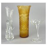 3 Glass Vases: Amber Diamond & Ribbed, Clear