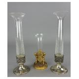 3 Vintage Mid Century Glass Vases with Metal Bases