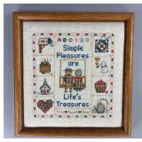 Framed Simple Pleasures Cross Stitch Sampler