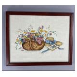 Framed Cross Stitch with Basket & Flowers
