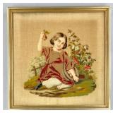 19th C Needlepoint & Petit Point Girl Holding Pear