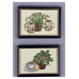 Pair Framed Beverage Themed Cross Stitch Pieces
