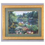 Large Garden Scene Print in Gilt Gesso Frame