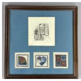 Framed Quilting Engraving w/ Needlepoint Pieces