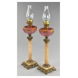 Pair of Victorian Cranberry Glass Banquet Lamps