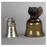 2 Vintage Dog Head Stirrup Cups, Pewter & Glass