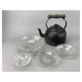Metal Kettle and Glass Bowls Set