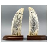 Resin Scrimshaw Style Whale Teeth Pair on Bases