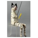 Wooden Cat Figurine with Fishing Rod