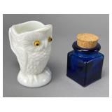 Milk Glass Owl Creamer Blue Glass Medicine Bottle