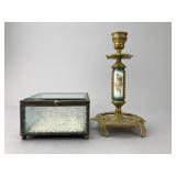 Porcelain-Mounted Candlestick & Glass Box