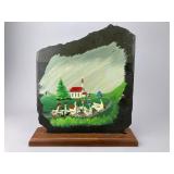 Folk Art Painted Slate Geese Church Scene