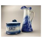 Blue and White Pottery Pitcher & Salt Box