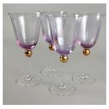 Four Lavender Glass Goblets With Gilt Knops