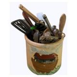 Crock w/ assorted Kitchen utensils