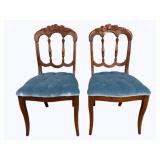Pair Walnut Fruit Carved & Tufted Chairs