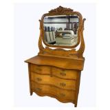 Vintage Carved Oak Dresser with Mirror
