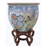 Oriental Jordaneire Planter w/ Wood Stand