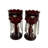 Vintage Pair Glass Mantle Lustres w/ Prisms