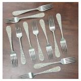 11 Steiff Sterling Rose Dinner Forks, 6.75"