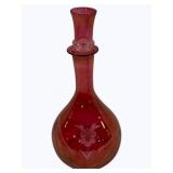 Vintage Cranberry Glass Etched Decanter - 12" tall