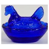 Miniature Blue Glass Hen on Nest 2x3x2