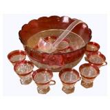 15pcs. Red/Clear Glass Punch Bowl Set w/ ladle